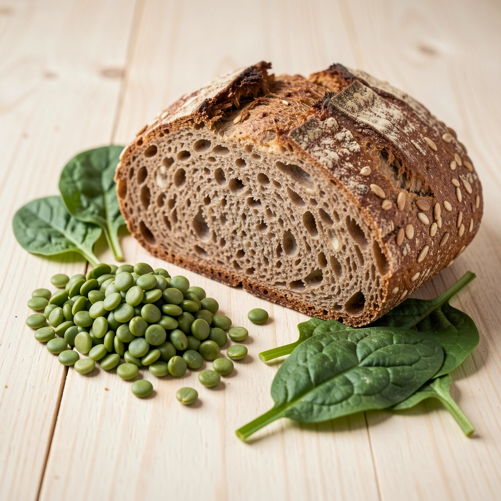 Vollkornbrot, grüne Linsen und Blattspinat auf heller Holzfläche, reduzierte editoriale Komposition